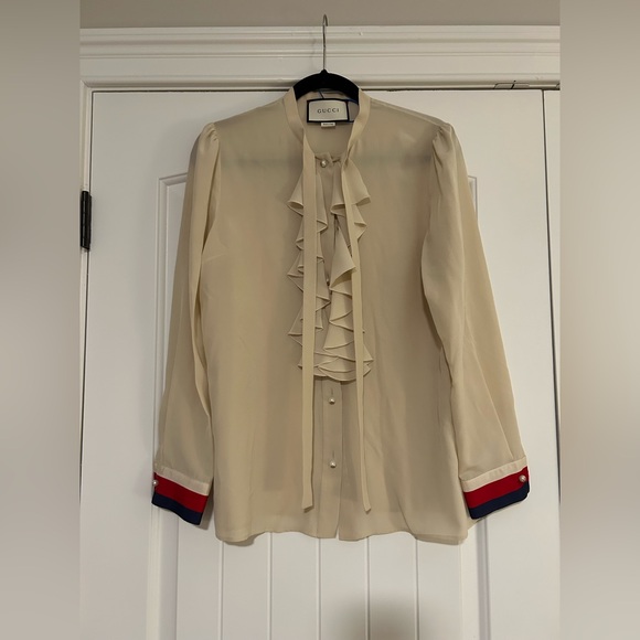 Gucci Silk Ruffle Crepe Cream Blouse IT 44 (US 8) - Picture 3 of 11